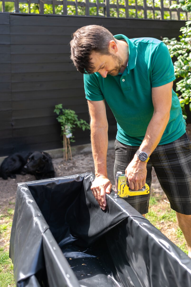 lining an outdoor planter with pond liner