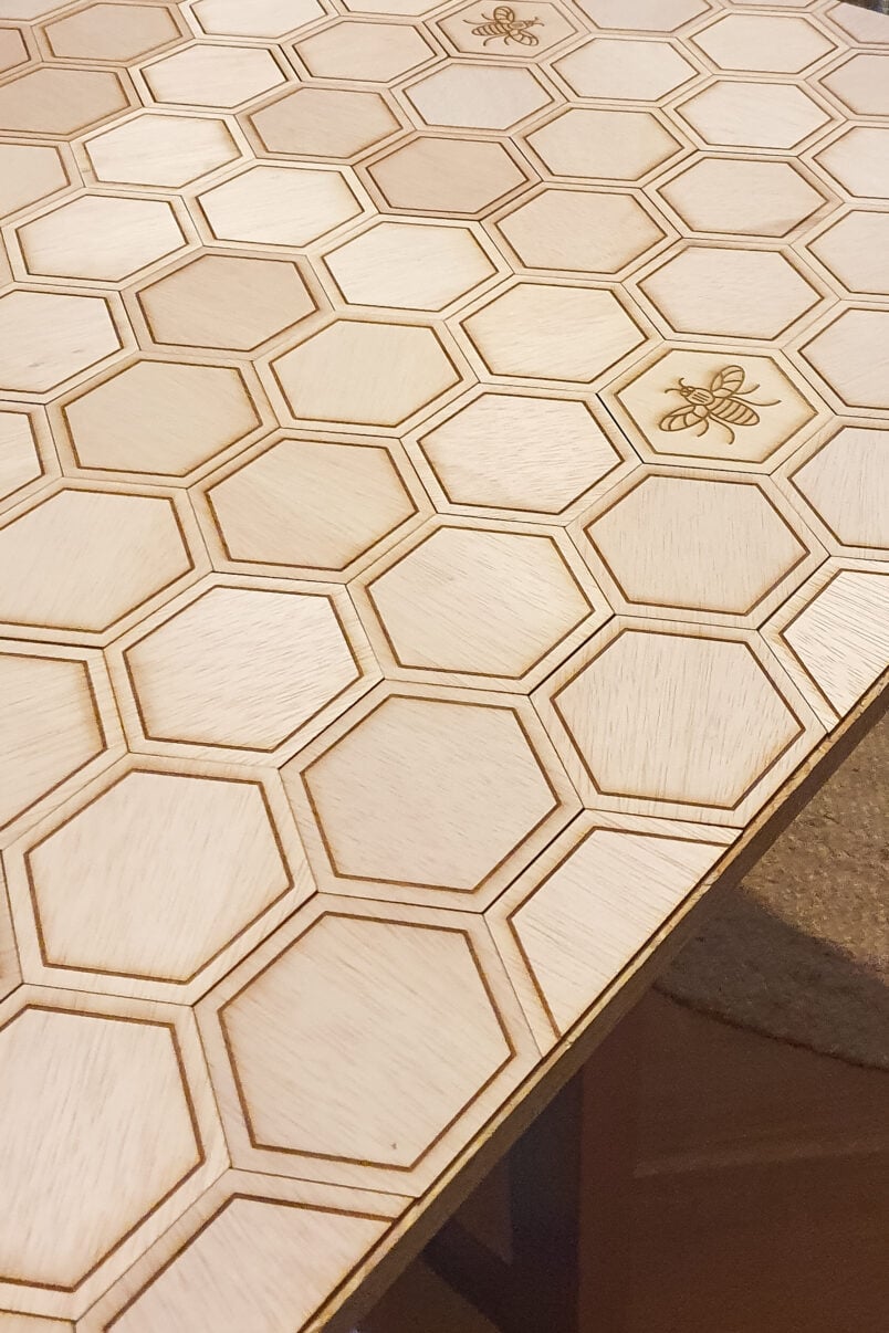 DIY Countertop with hexagons before trimming edge
